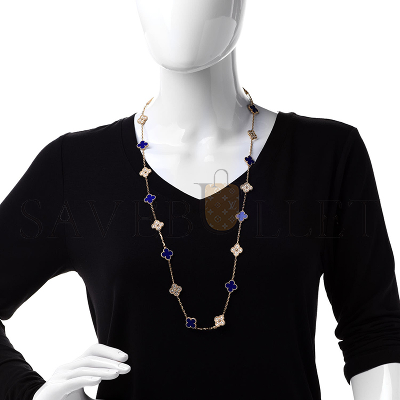 v*n cl**f arpels 18k yellow gold D1am0nd lapis 20 motifs vintage alhambra necklace